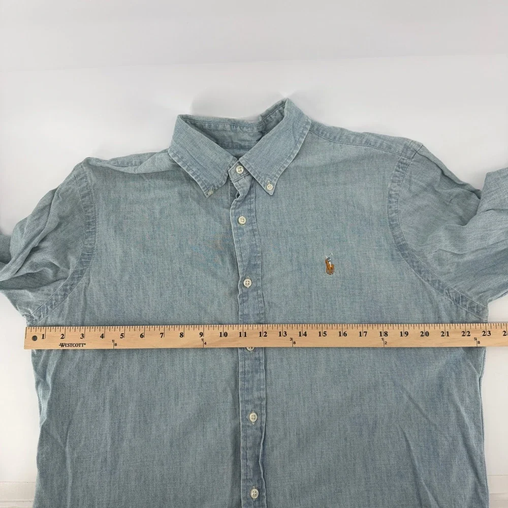 Ralph Lauren Button Down Mens Large Light Blue Chambray Denim Long Sleeve Shirt - Picture 7 of 10